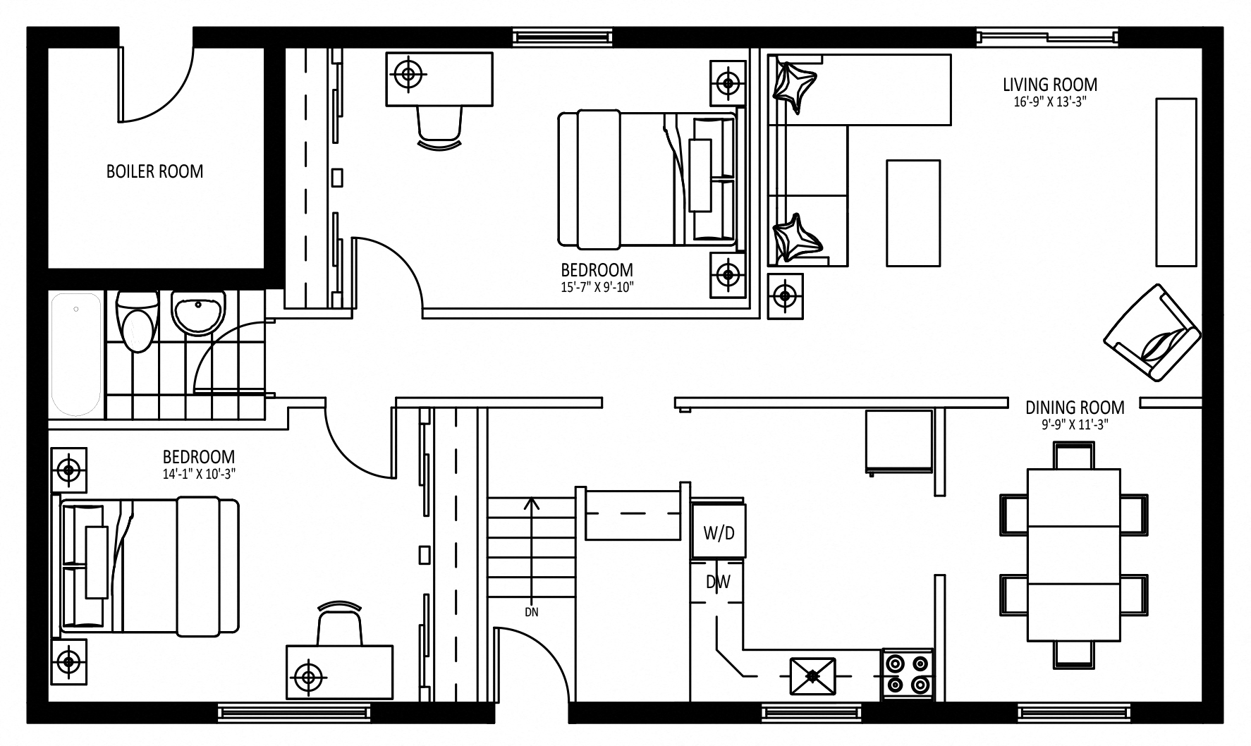 Floor plan for 3 beds, 1 bath, 1 sqft